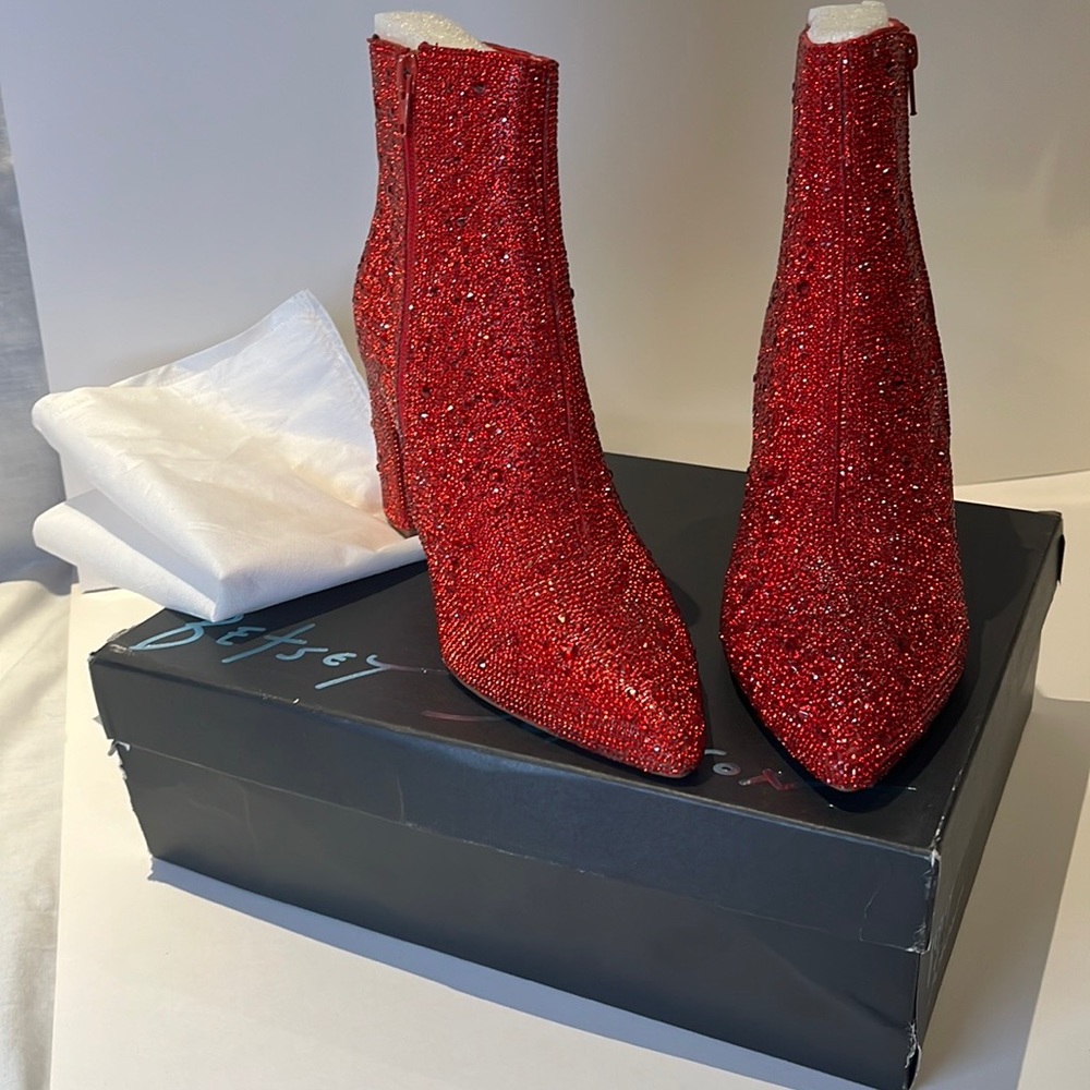 Betsey Johnson, rhinestone red boots, 9